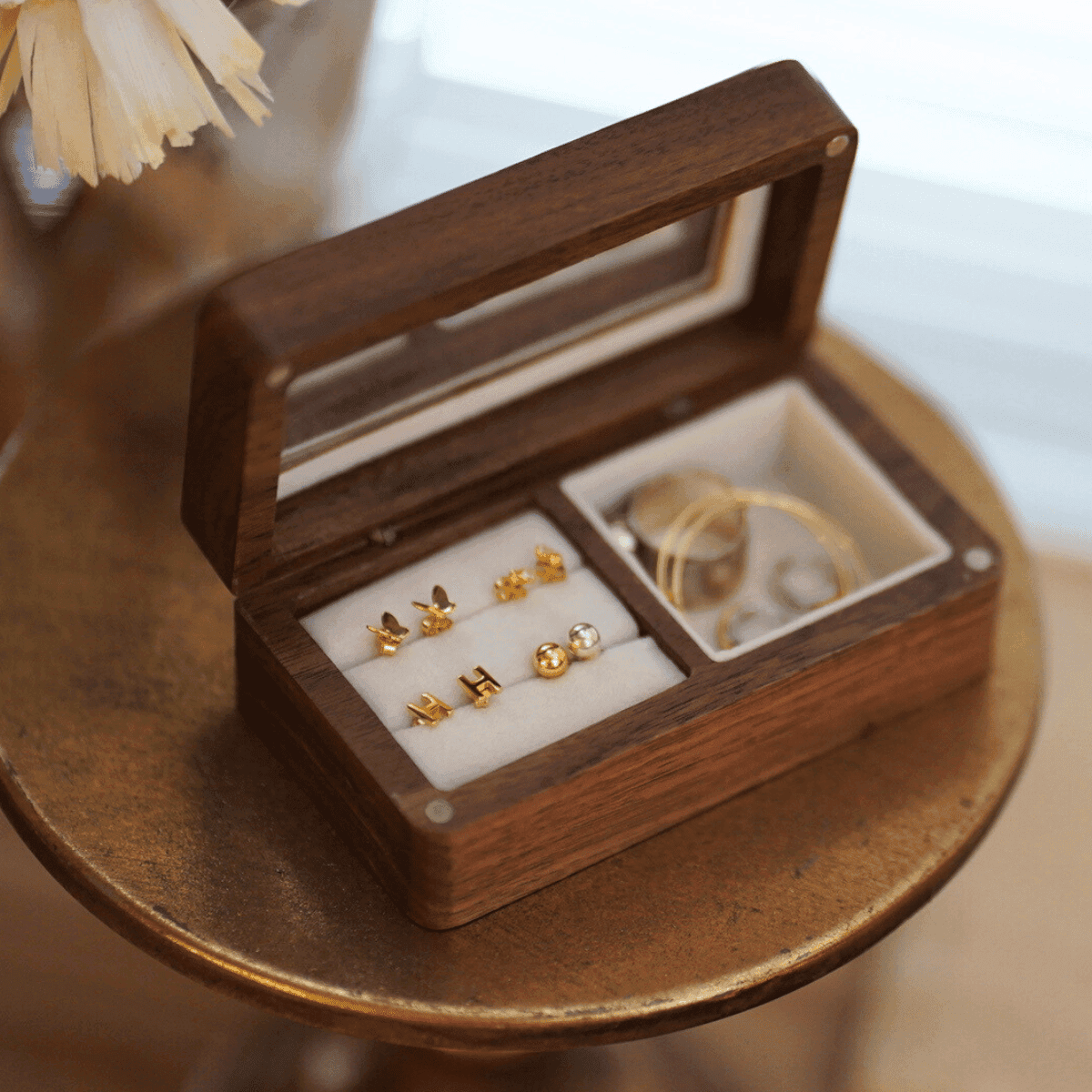 木製 アクセサリーケース コンパクト ミラー付き